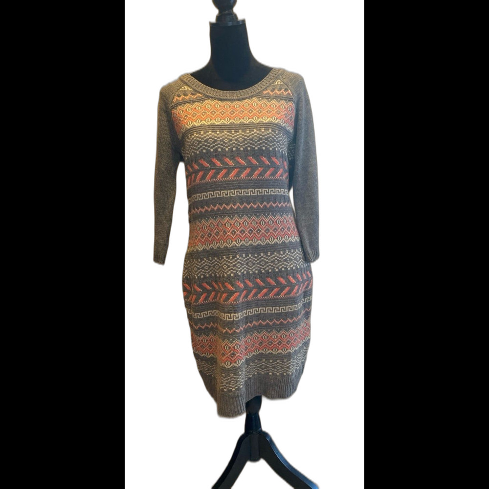 Charming Charlie Sweater Dress‎ Sz Large Crew Neck Fair Isle Type Design Front